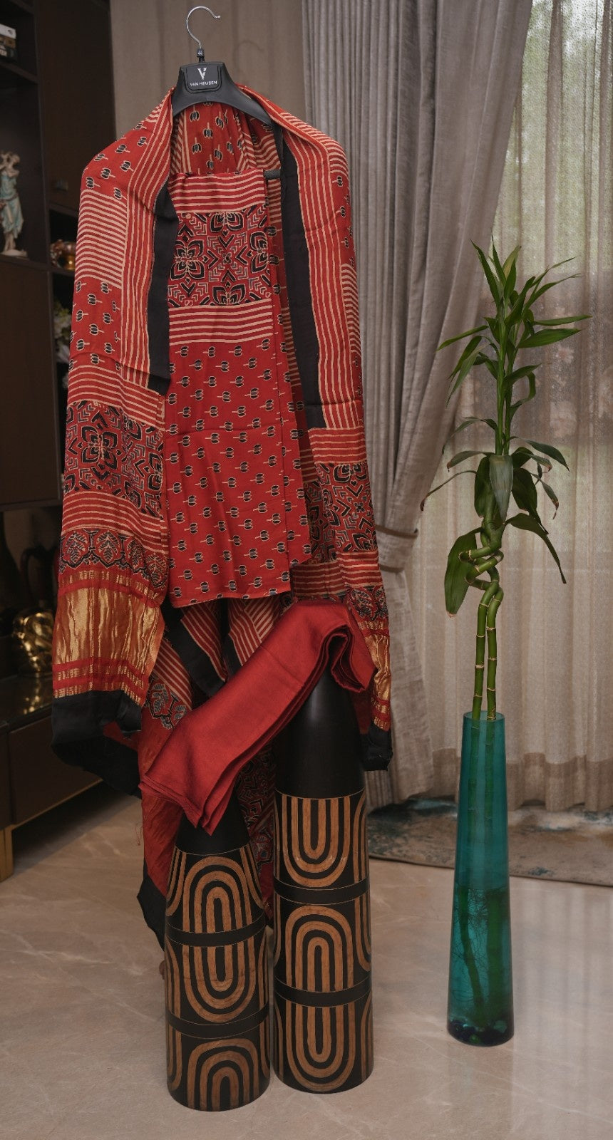 Modal Silk Ajrakh Natural Dyed Block Print 3-Piece Suit Set