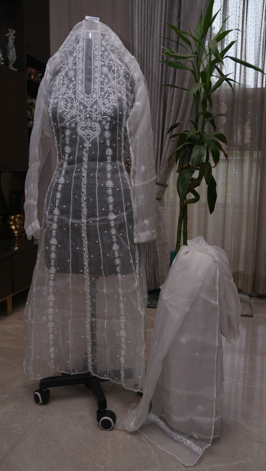 Pure Organza Chikankari & Cutdana Moti Work Anarkali 2-Piece Suit Set