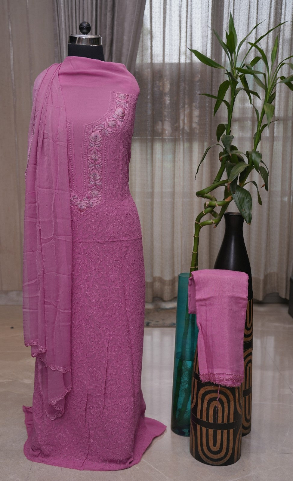 Pure Georgette Chikankari & Parsi Work 2-Piece Suit Set