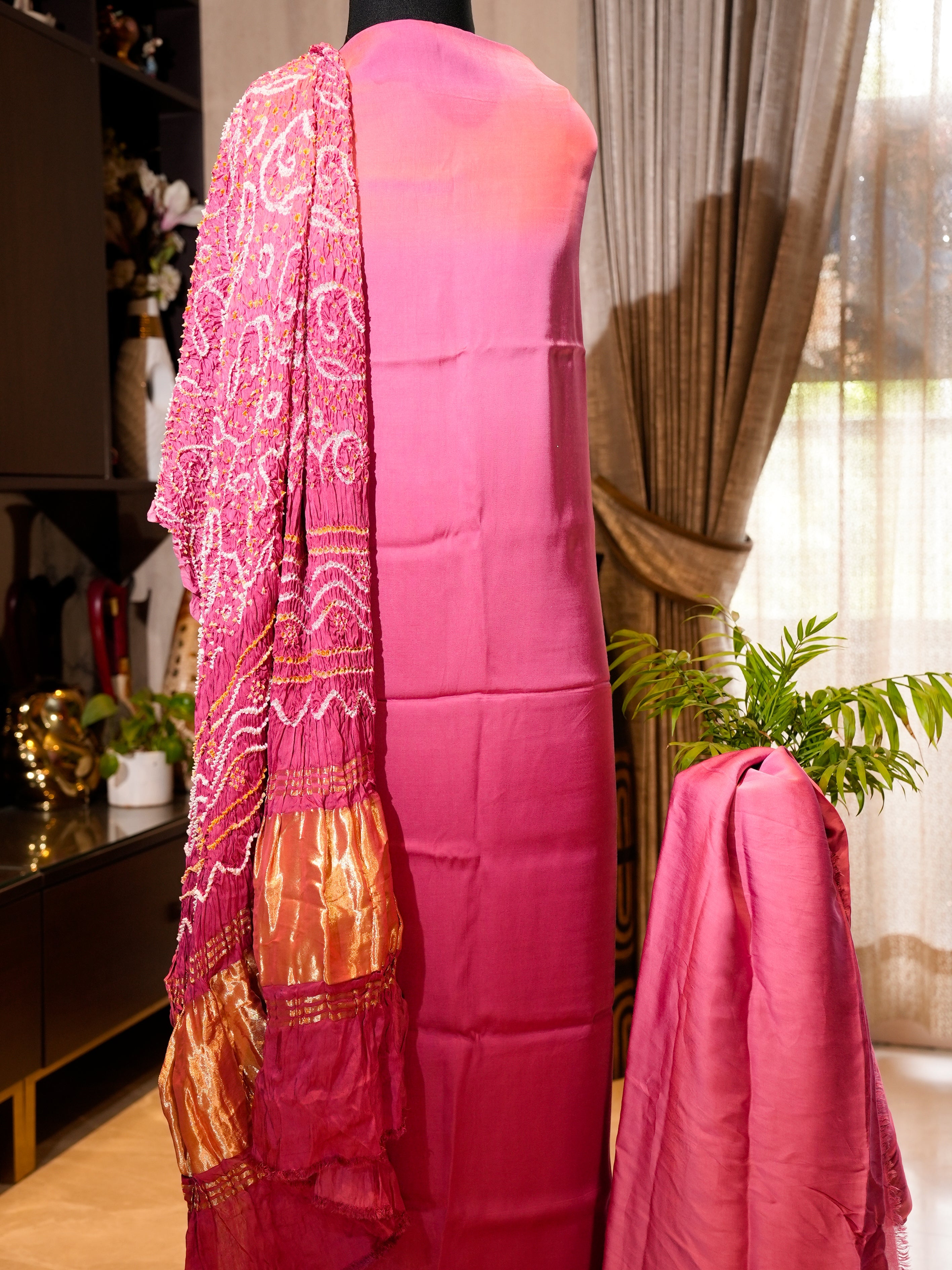 Modal Silk Ombre Top & Bottom with Heavy Rai Bandhej Work, 3-Piece Set
