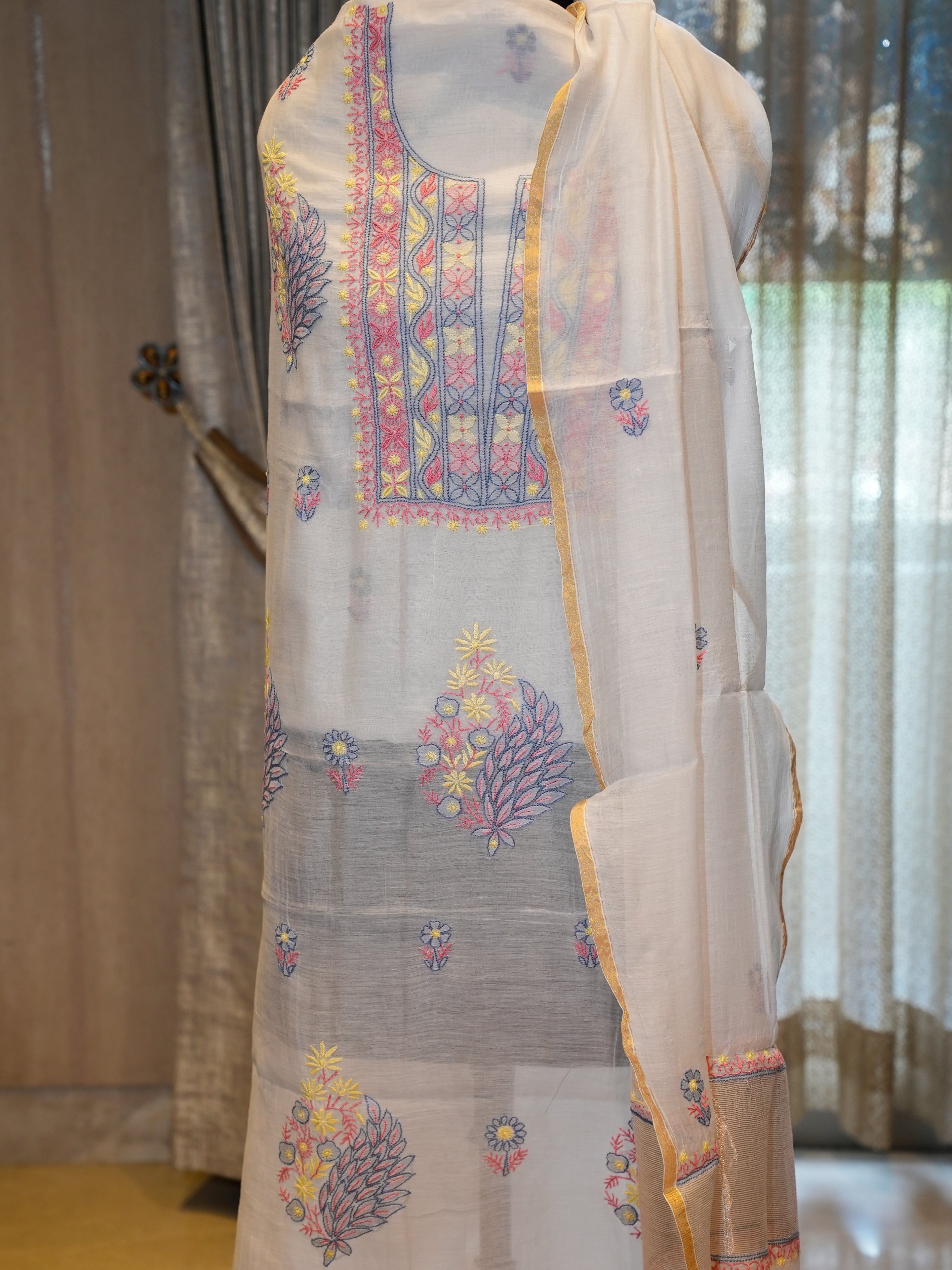 Pure Mal Cotton with Multi-Colour Chikan Work, 2-Piece Suit Set