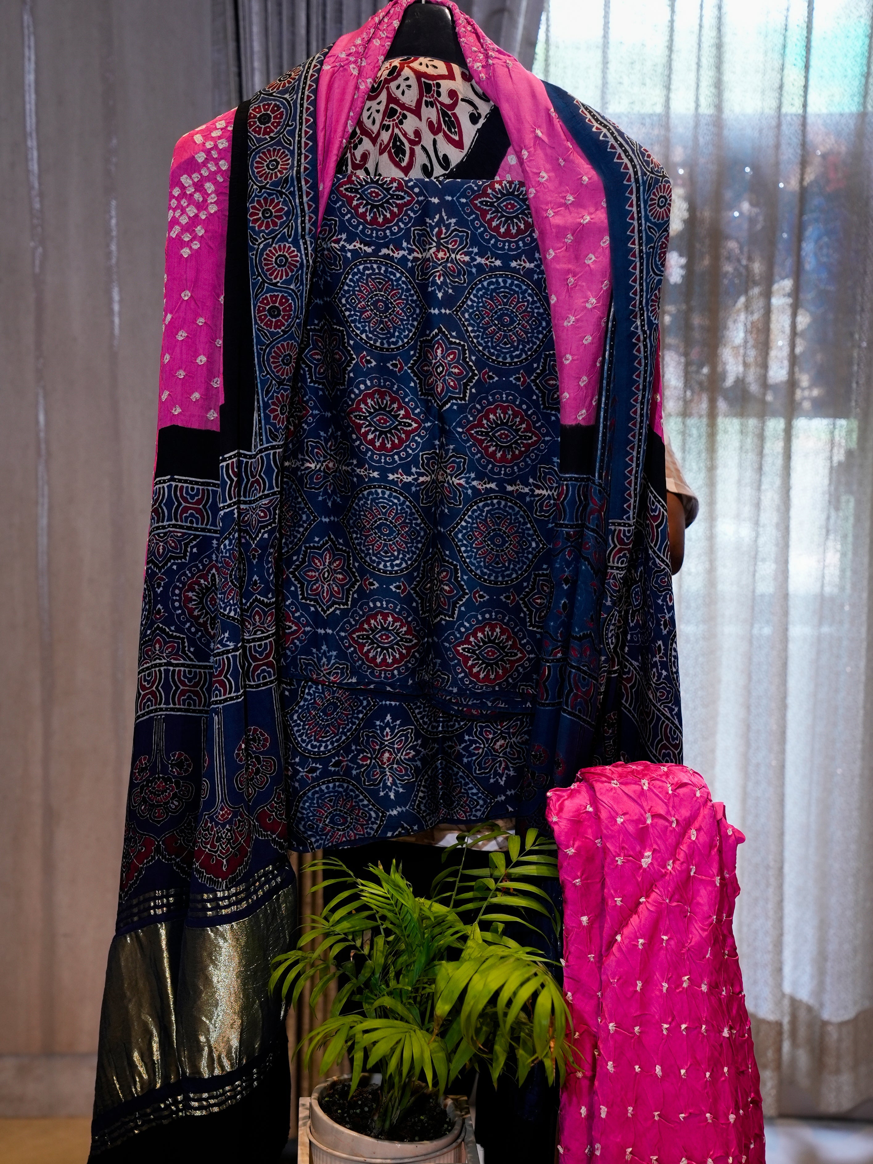 Modal Silk with Ajrak & Bandhej Combination, 3-Piece Suit