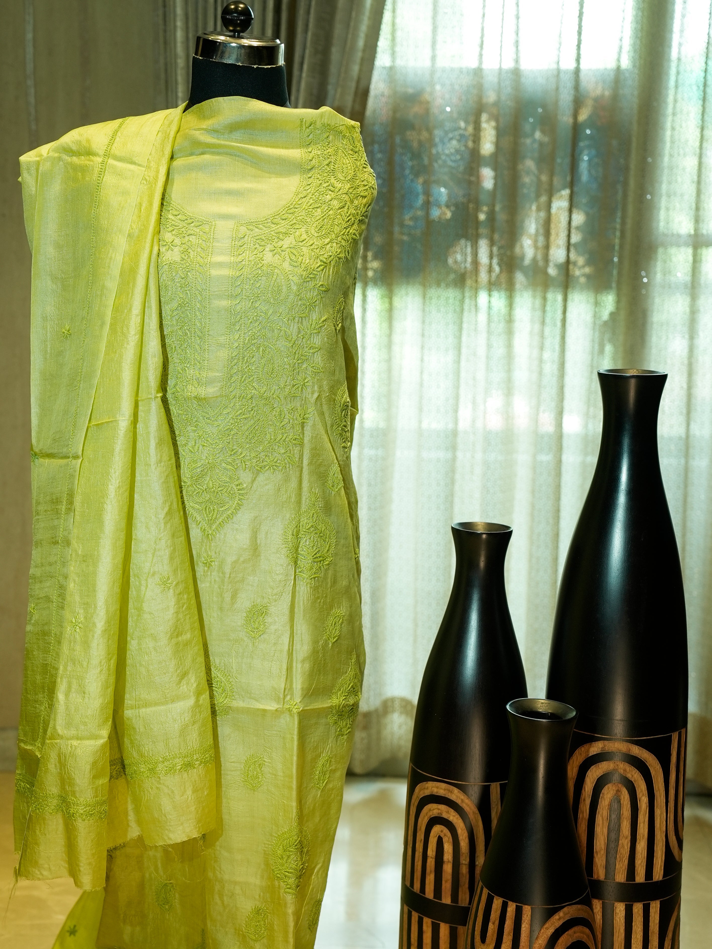 Pure Tassar Silk with Chikankari Work, 2-Piece Suit Set
