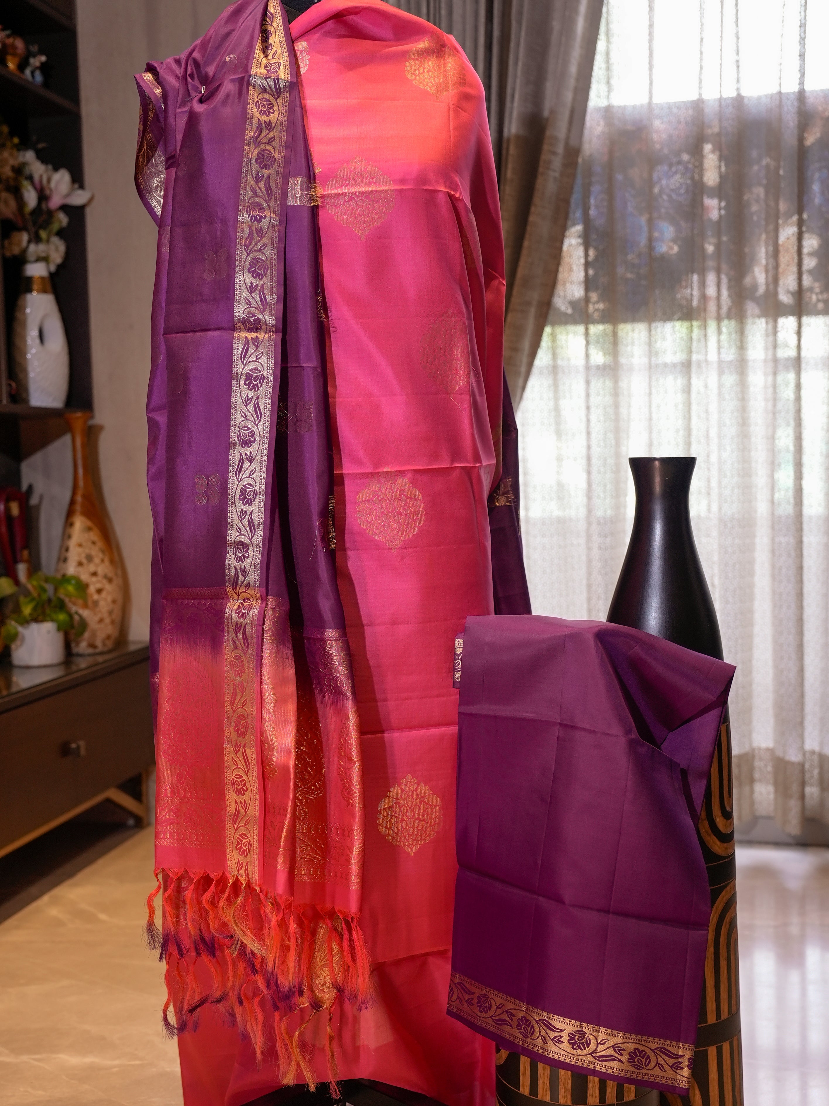Pure Silk with Zari Work 3-Piece Suit Set (Kanjivaram Pattern)