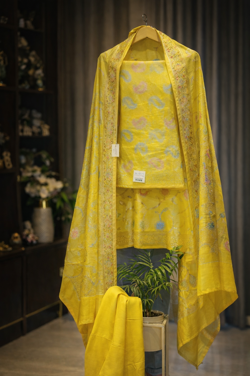 Premium Banarasi Yellow Munga Cotton Silk Suit 3 Piece