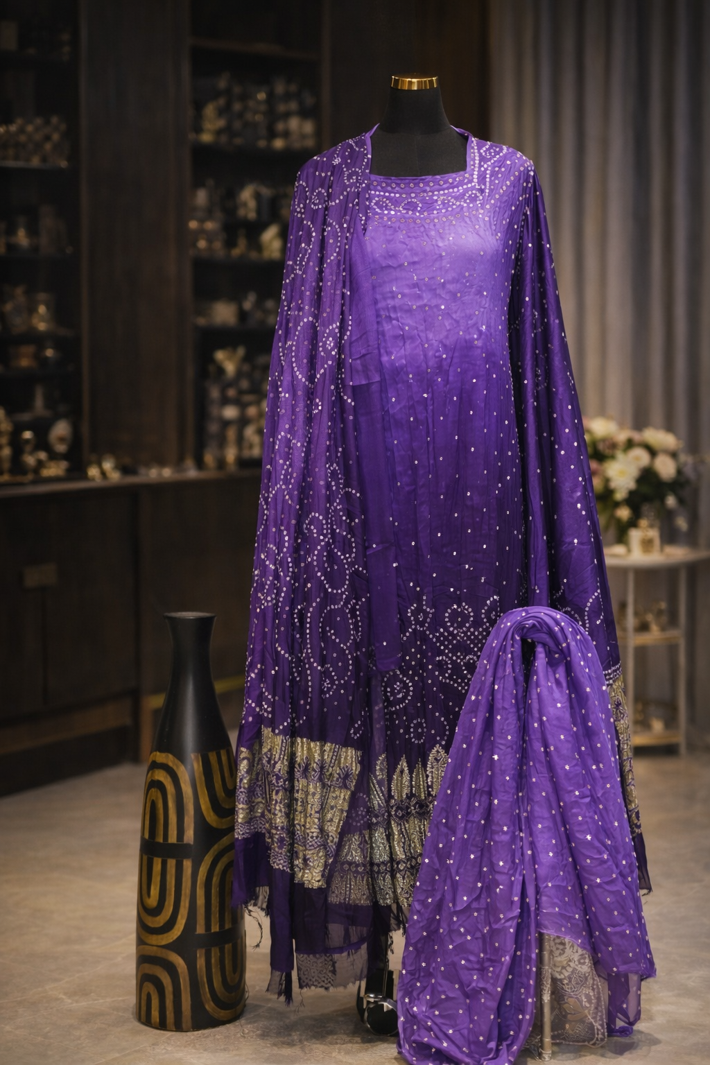 Authentic Jaipuri Purple Ombre Gajji Silk Bandhani Suit