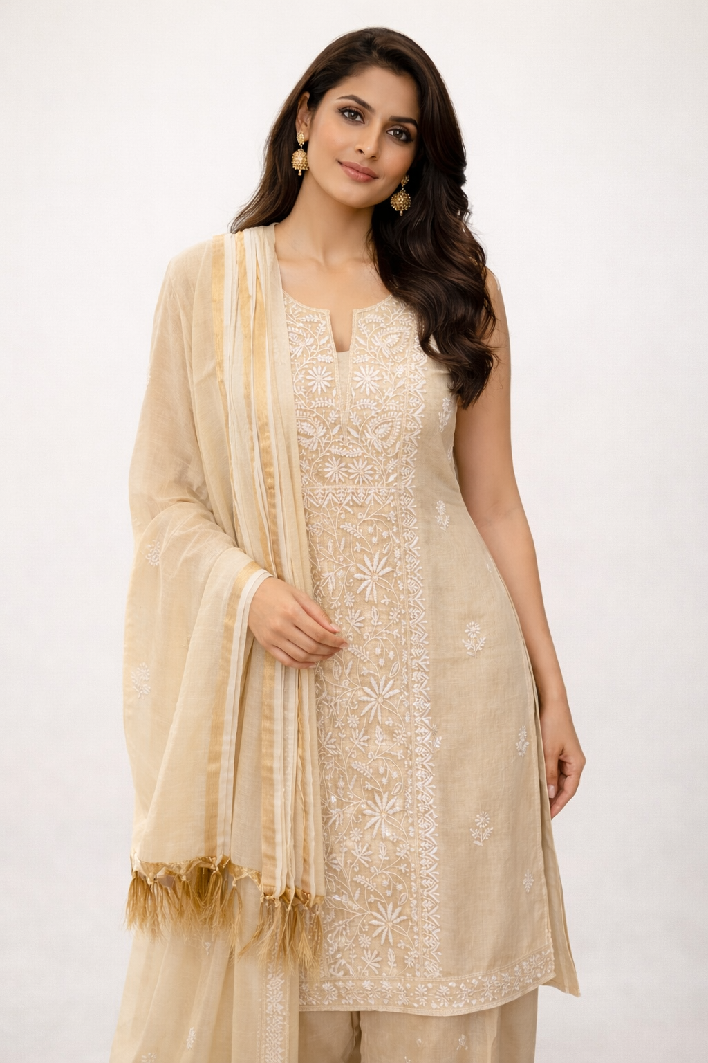 Beige Tissue Cotton Chikankari Suit 2 Piece