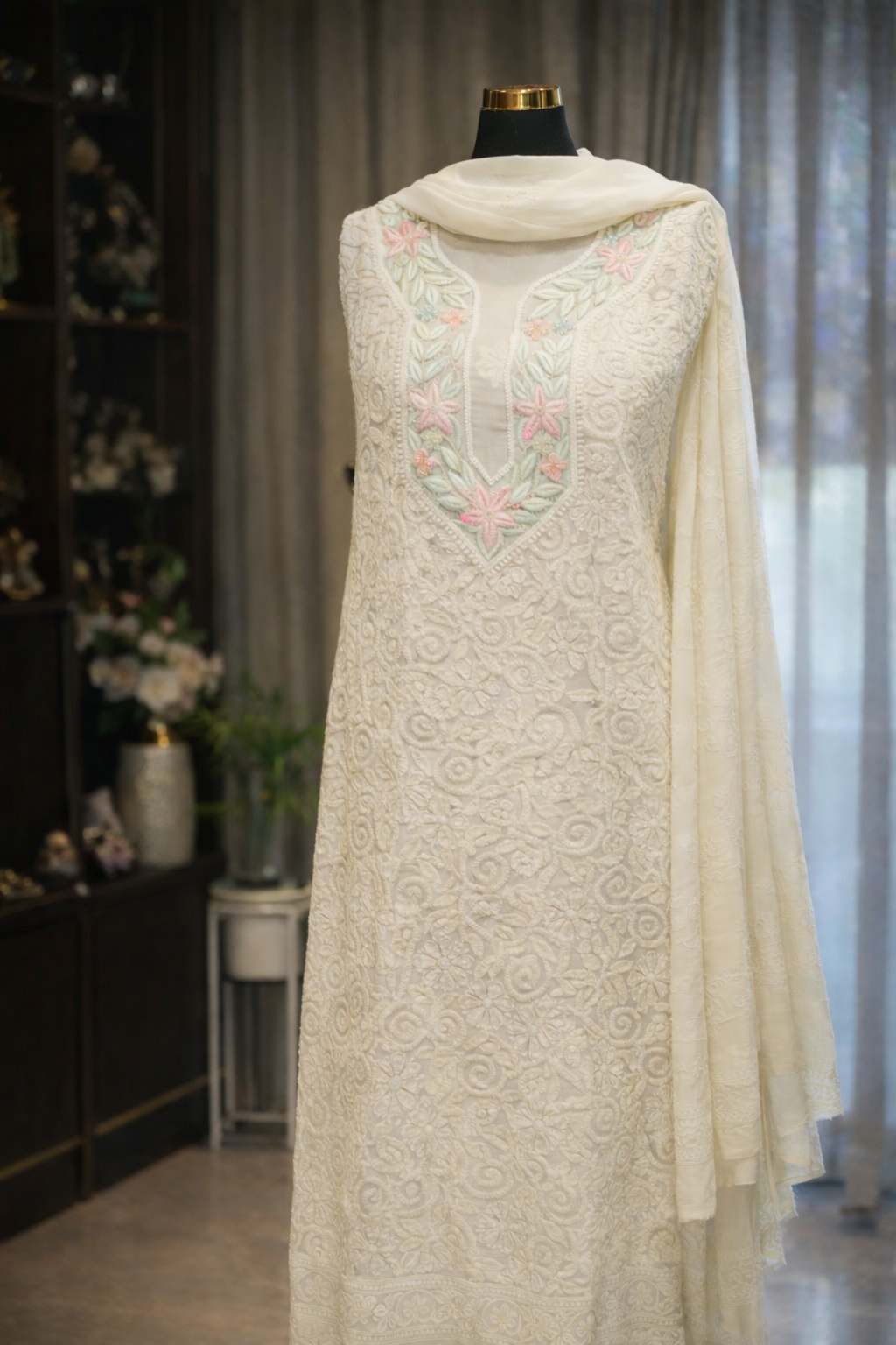 White Pure Georgette Chikan Curry 2 Piece Suit