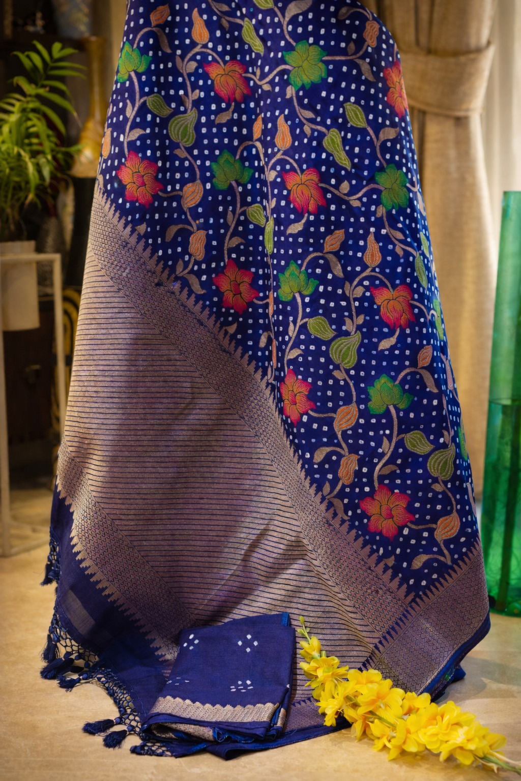 Authentic Jaipuri Navy Blue Pure Modal Silk Bandhani Saree