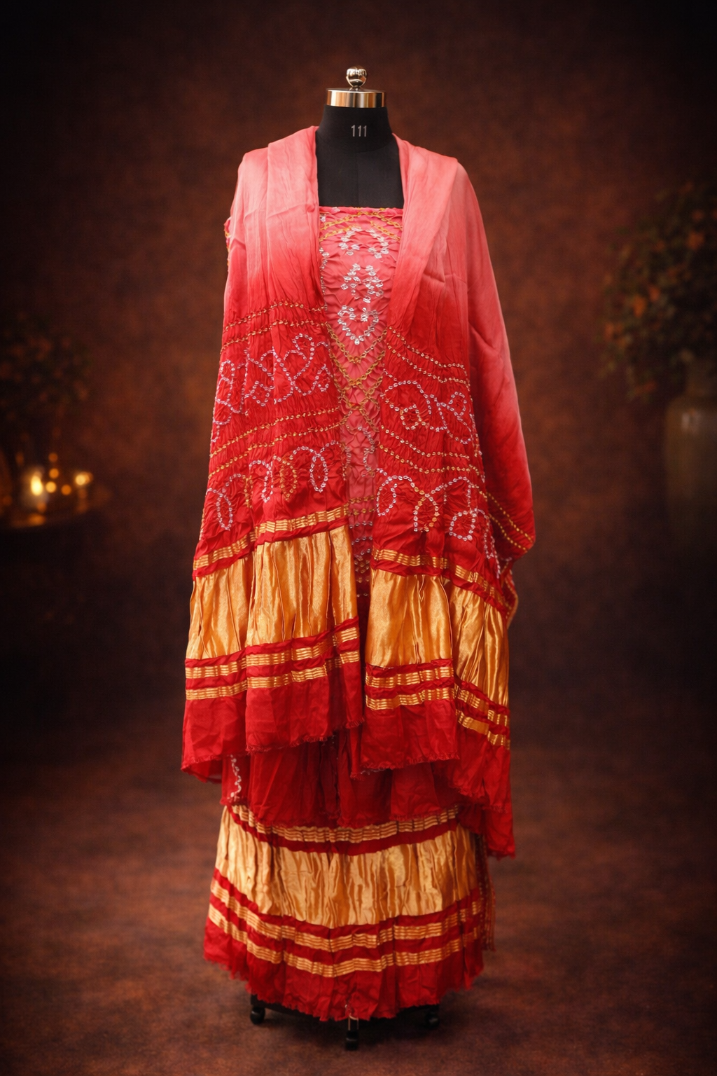 Authentic Jaipuri Red Ombre Gajji Silk Bandhani Suit