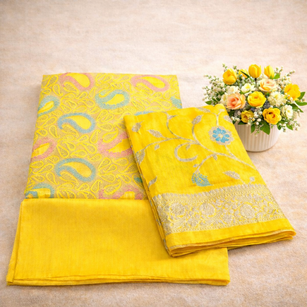 Premium Banarasi Yellow Munga Cotton Silk Suit 3 Piece