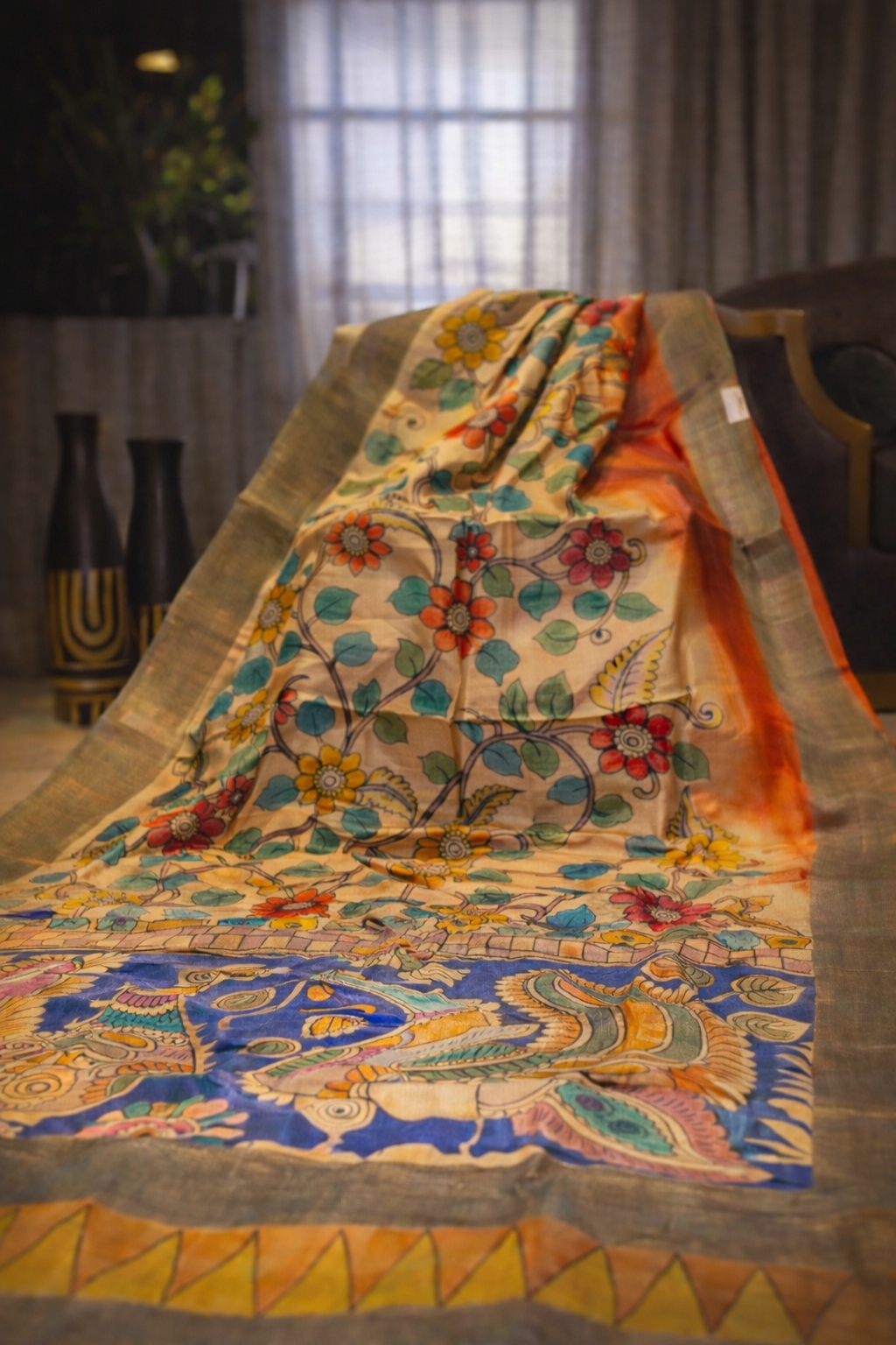Classic Kolkata Multi-Shade Pure Tassur Kalamkari Saree