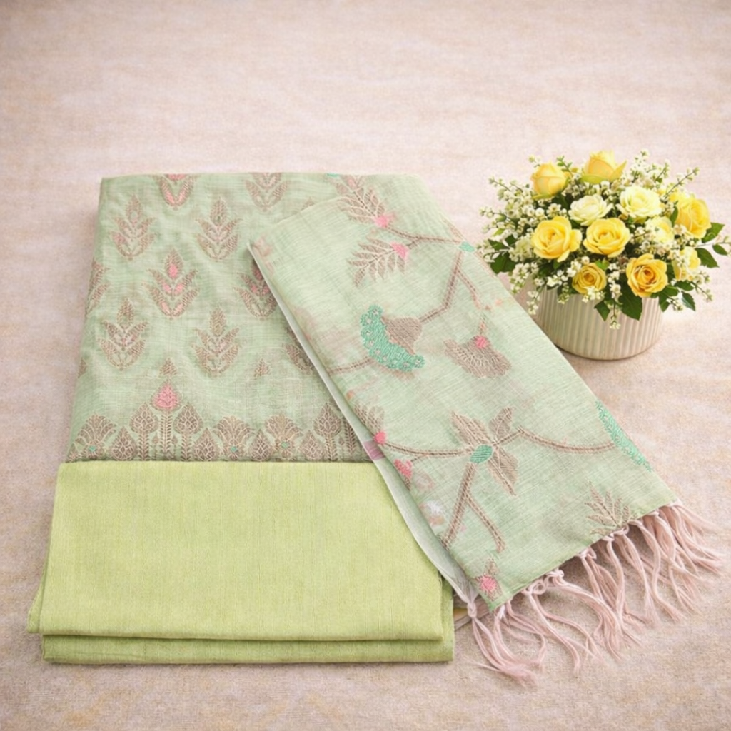 Premium Banarasi Pista Green Pure Cotton Suit