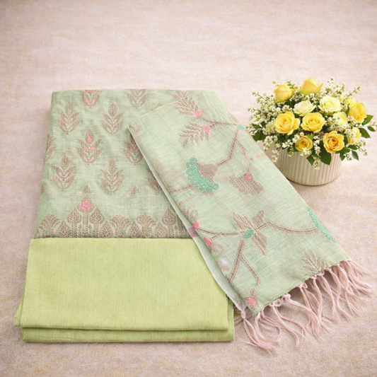 Premium Banarasi Pista Green Pure Cotton Suit