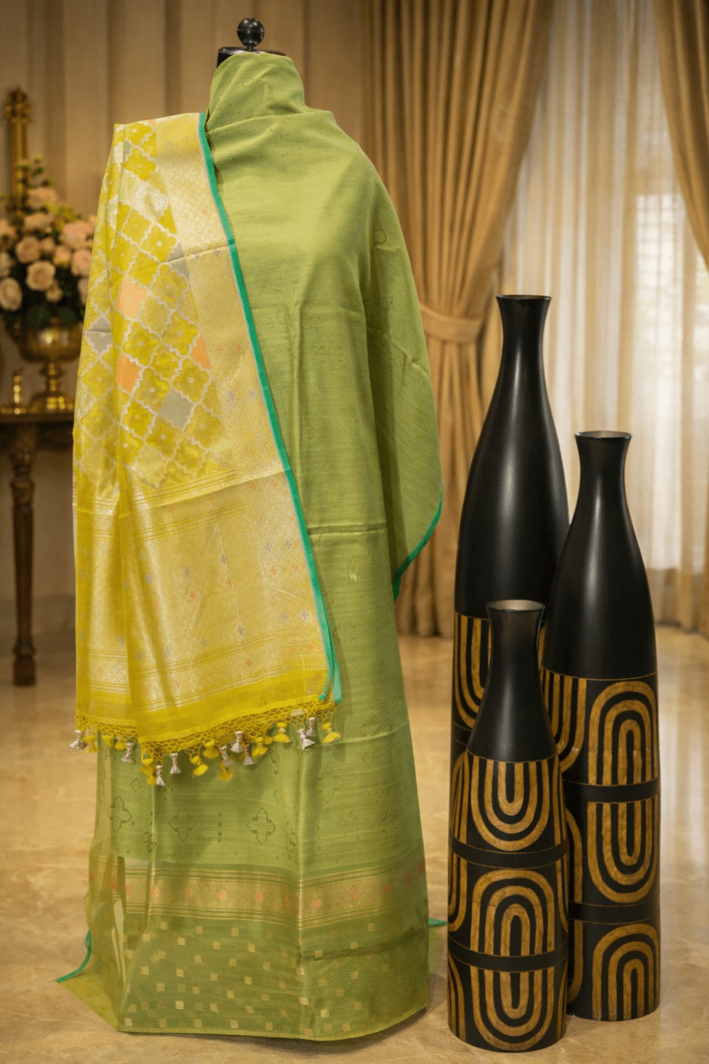 Premium Banarasi Green Pure Silk Suit + Dupatta - MaitryCouture
