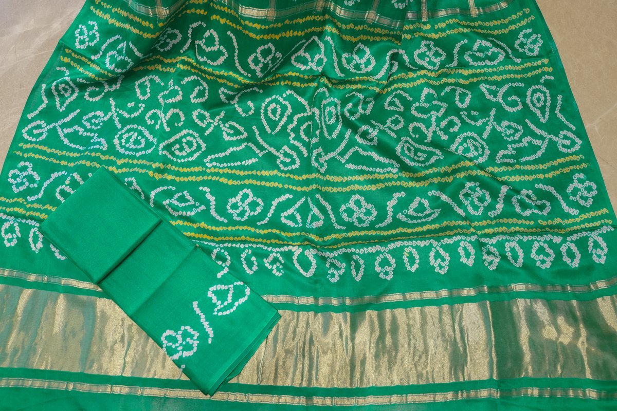 Pure Gajji Silk Gharchaola Saree with Bandhej - Green - MaitryCouture